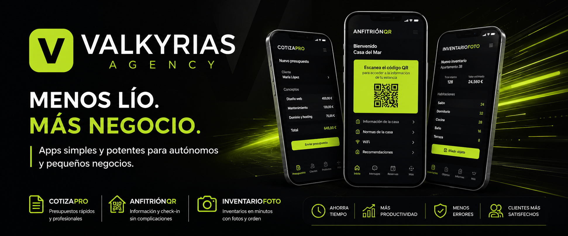 Valkyrias Agency: CotizaPro, AnfitriónQR e InventarioFoto para autónomos y pequeños negocios.